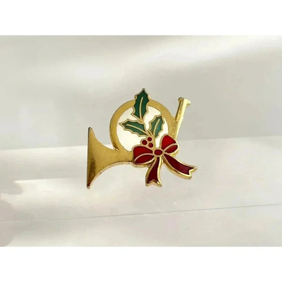 Gold T French Horn Bow Tie + Mistletoe Green & Red Enamel Christmas Pin | Brooch - Picture 6 of 8
